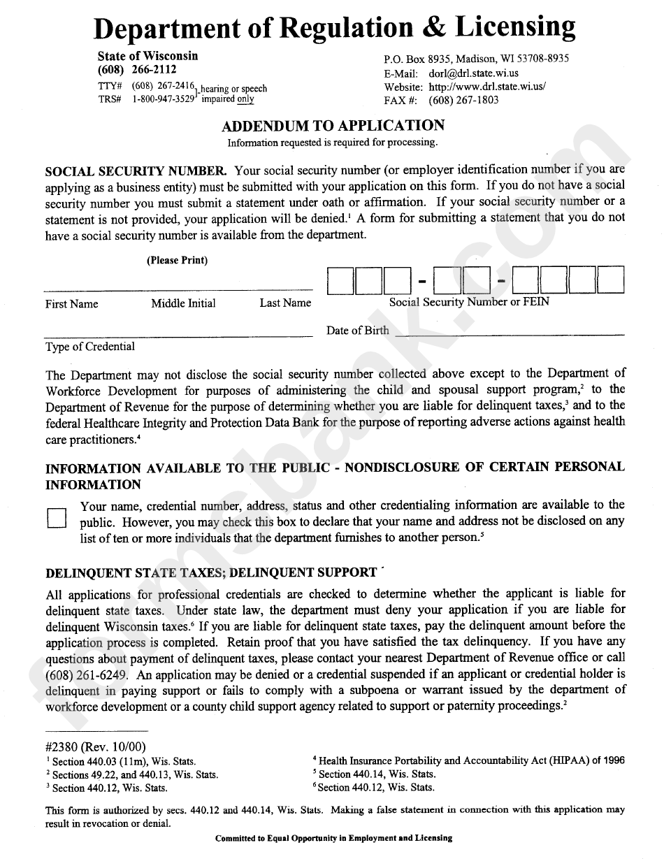 Addendum To Application Form - Wisconsin Department Of Regulation & Licensing