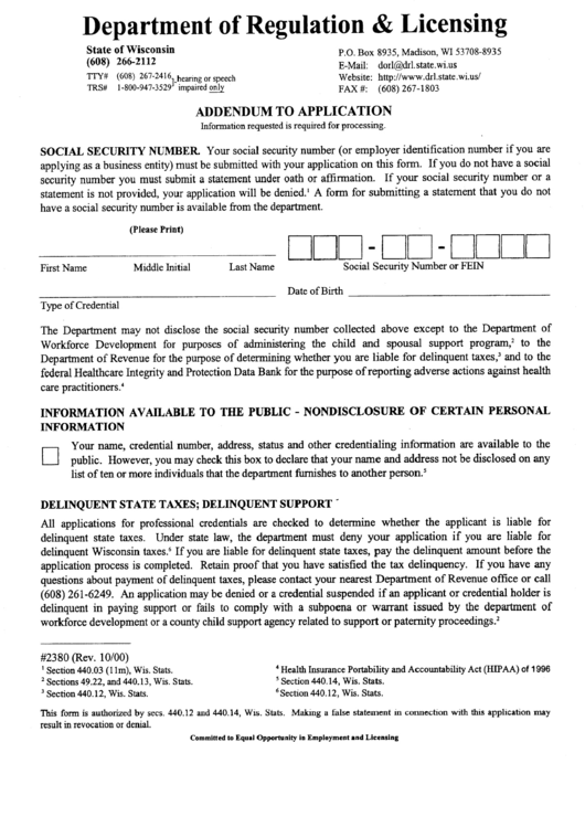 Addendum To Application Form - Wisconsin Department Of Regulation & Licensing Printable pdf