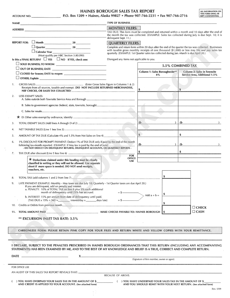 Haines Borough Sales Tax Report Form