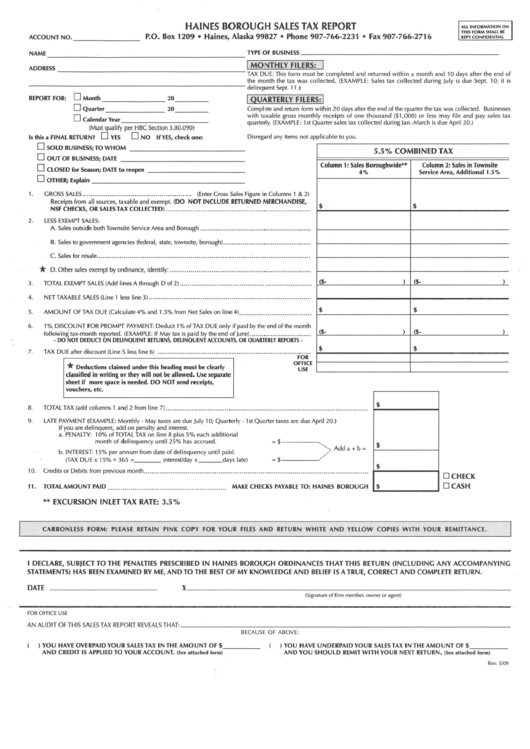 Haines Borough Sales Tax Report Form Printable pdf