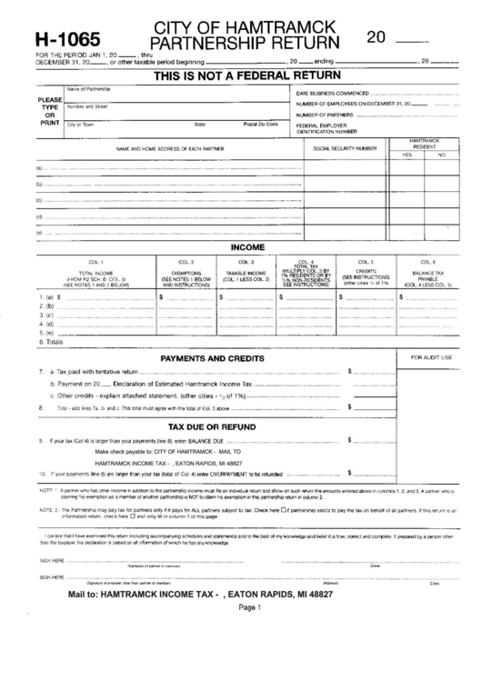 Form H-1065 - Partnership Return - City Of Hamtramck Printable pdf