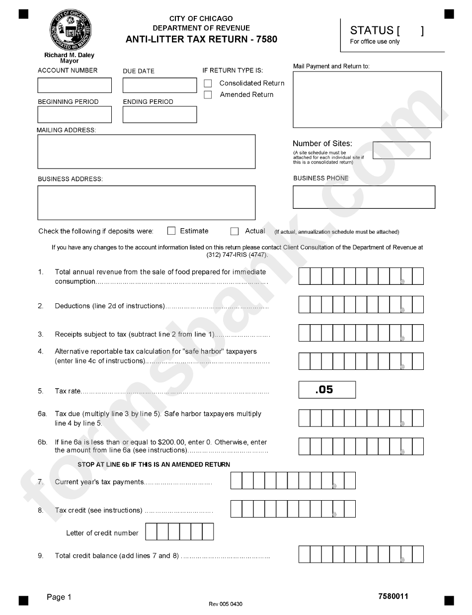 Form 7580 - Anti-Litter Tax Return