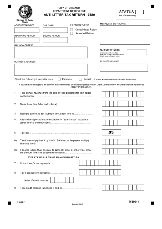 Form 7580 - Anti-Litter Tax Return Printable pdf