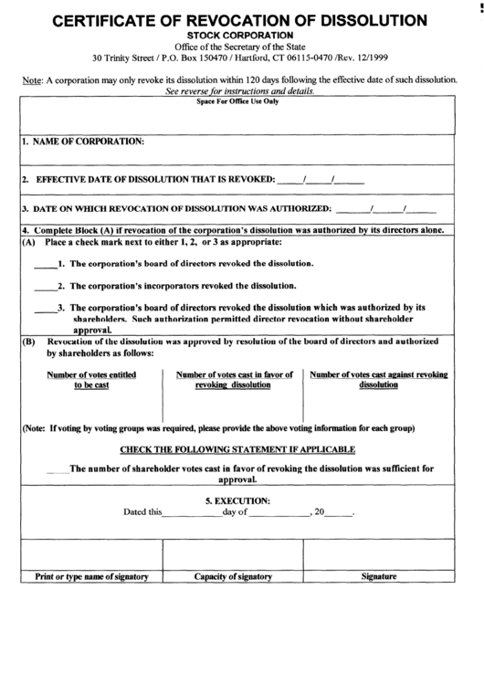 Certificate Of Revocation Of Dissolution Stock Corporation Form ...
