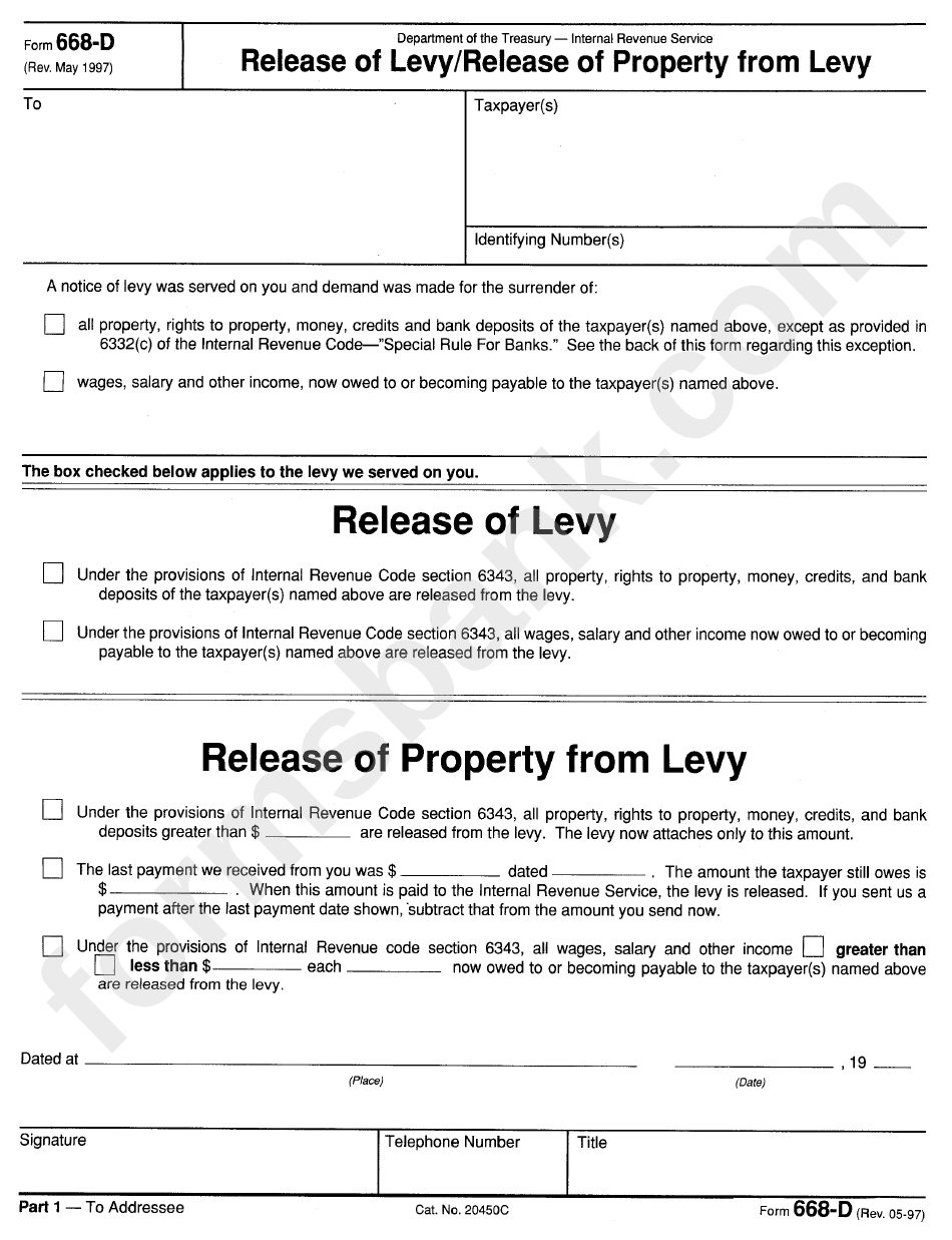 Form 668-D - Release Of Levy/release Of Property From Levy - Department Of The Treasury