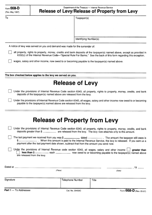 Form 668-D - Release Of Levy/release Of Property From Levy - Department Of The Treasury Printable pdf