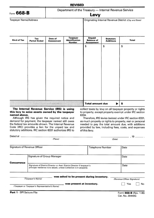 Form 668-B - Levy - Department Of The Treasury Printable pdf