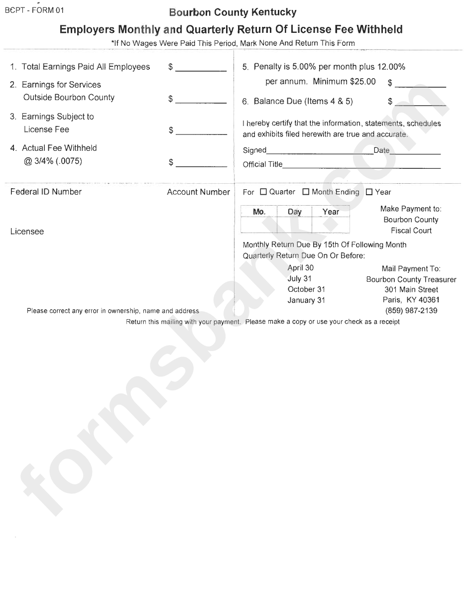 Employers Monthly And Quarterly Return Of License Fee Withheld Form - Bourbon County