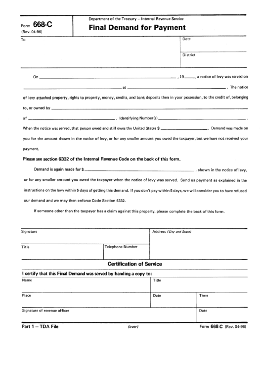 Form 668-C - Final Demand For Payment - Department Of The Treasury Printable pdf