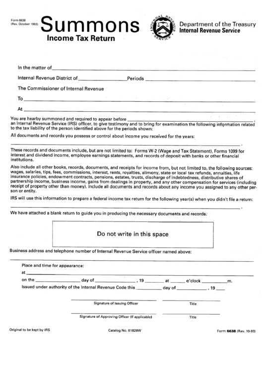Form 6638 - Summons Income Tax Return - Department Of The Treasury Printable pdf