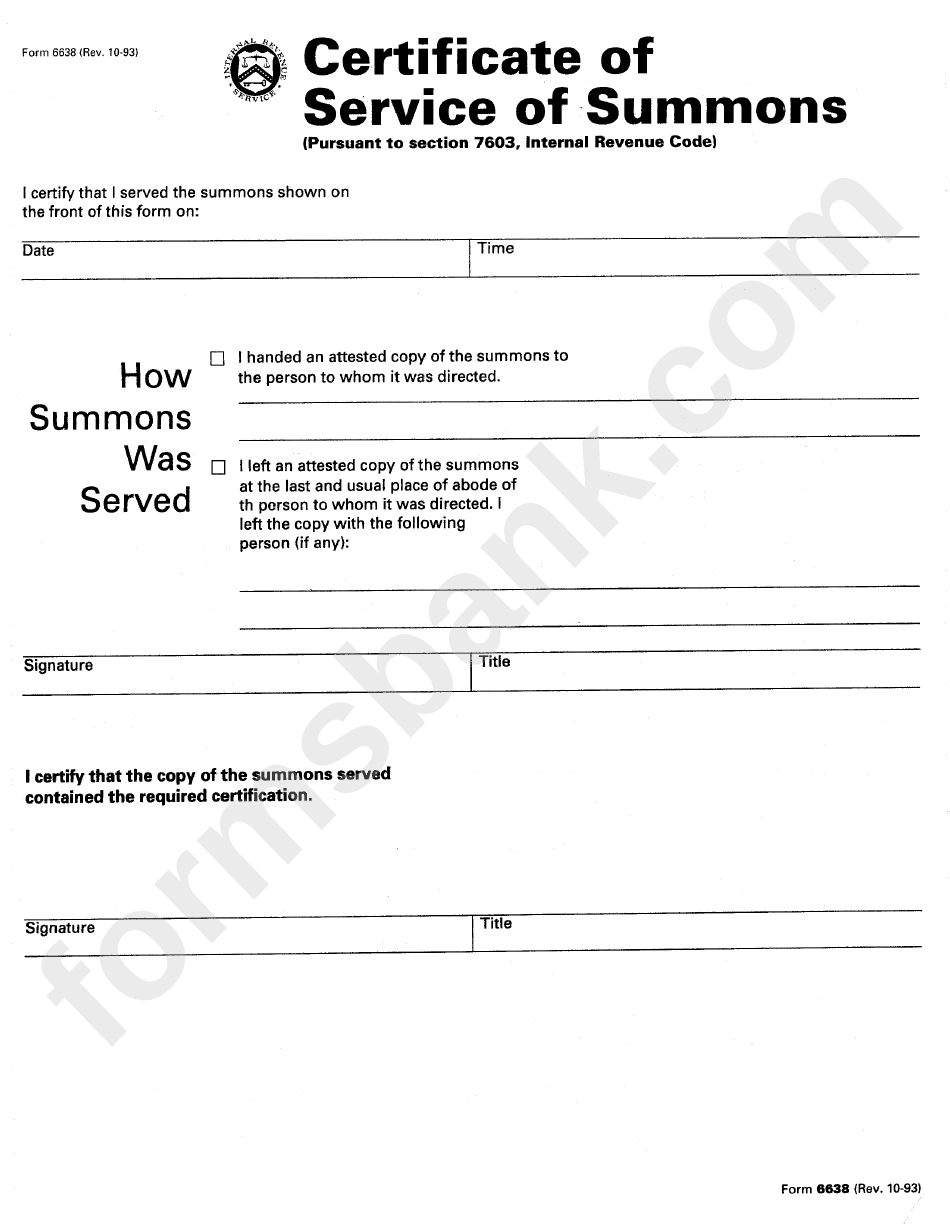 Form 6638 - Summons Income Tax Return - Department Of The Treasury