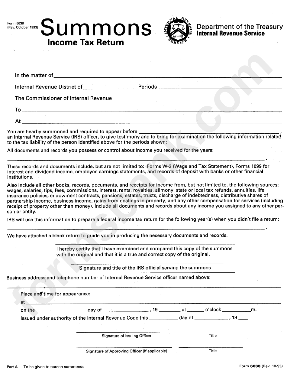 Form 6638 - Summons Income Tax Return - Department Of The Treasury