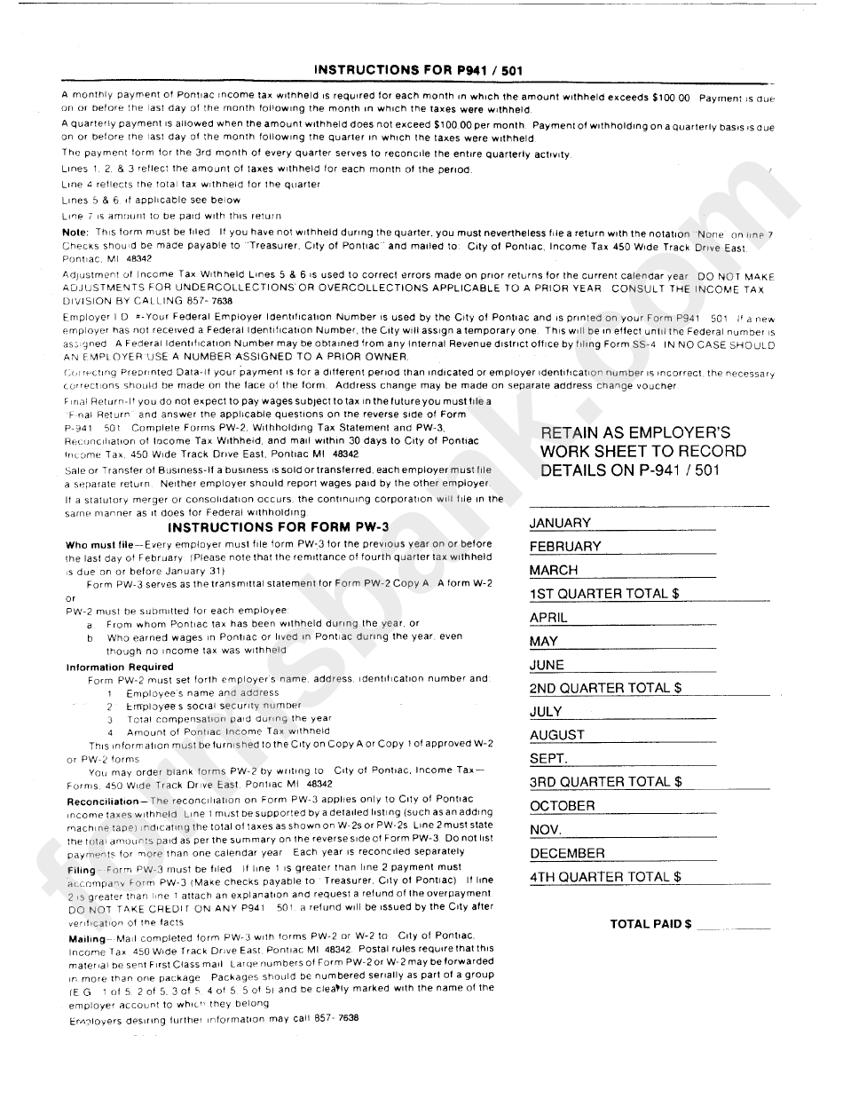 Instruction For P941 / 501 Forms - City Of Pontiac