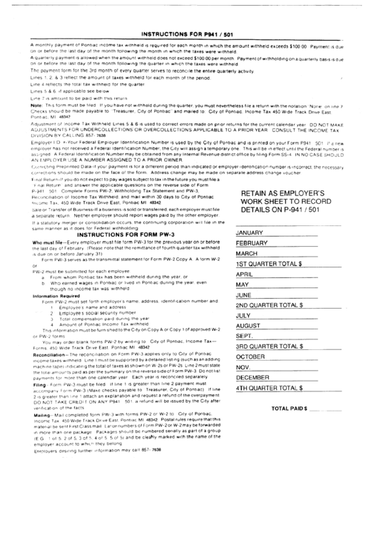 Instruction For P941 / 501 Forms - City Of Pontiac Printable pdf