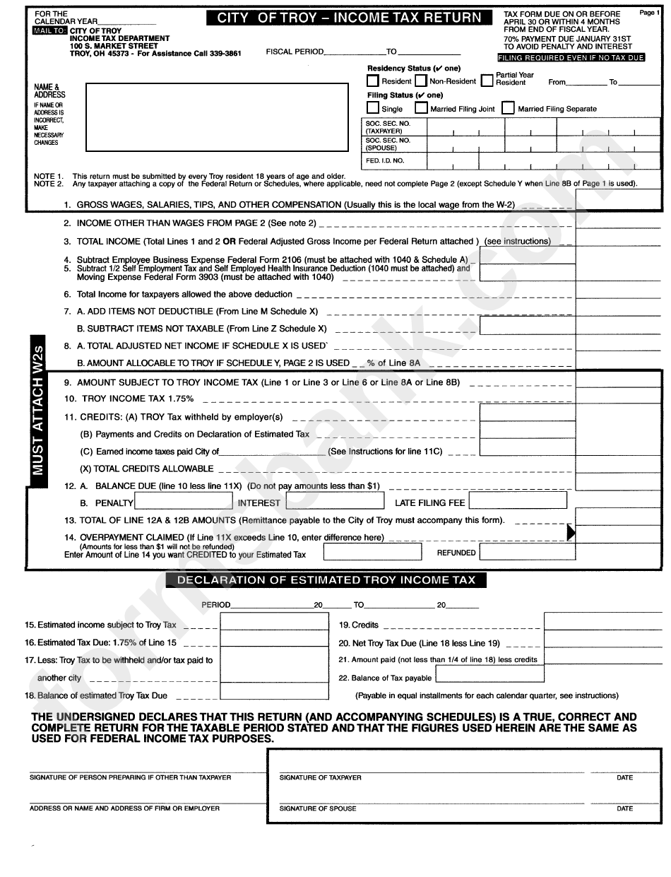 Income Tax Return Form - City Of Troy