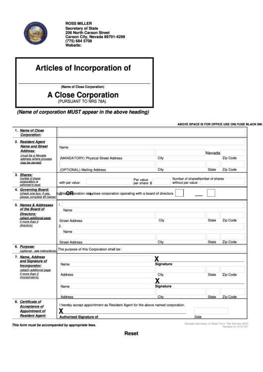 Fillable Articles Of Incorporation Form - Nevada Secretary Of State Printable pdf