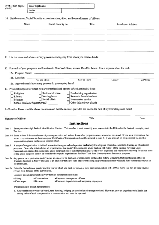 Form Nys-100n - Instructions Printable pdf