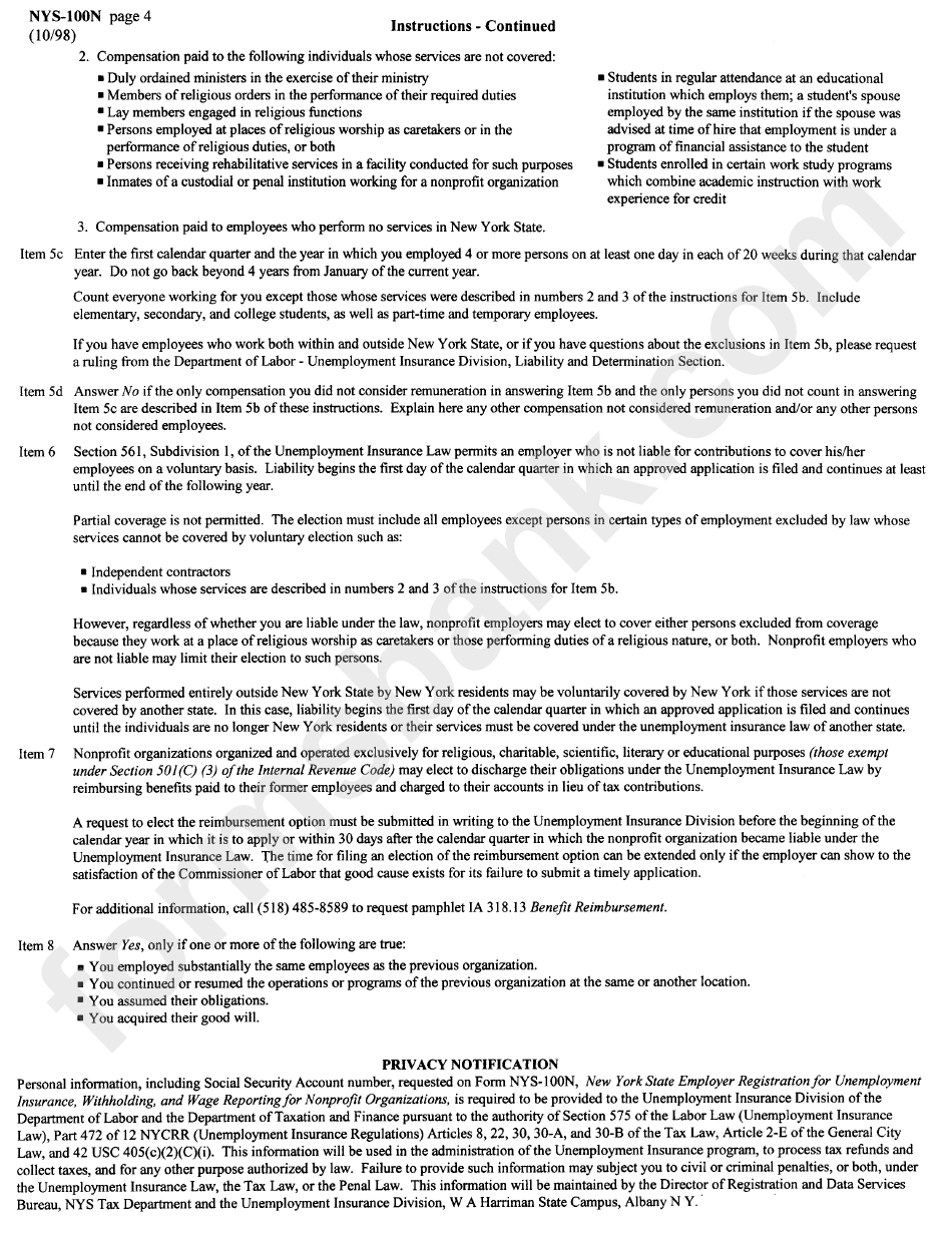 Form Nys-100n - Instructions