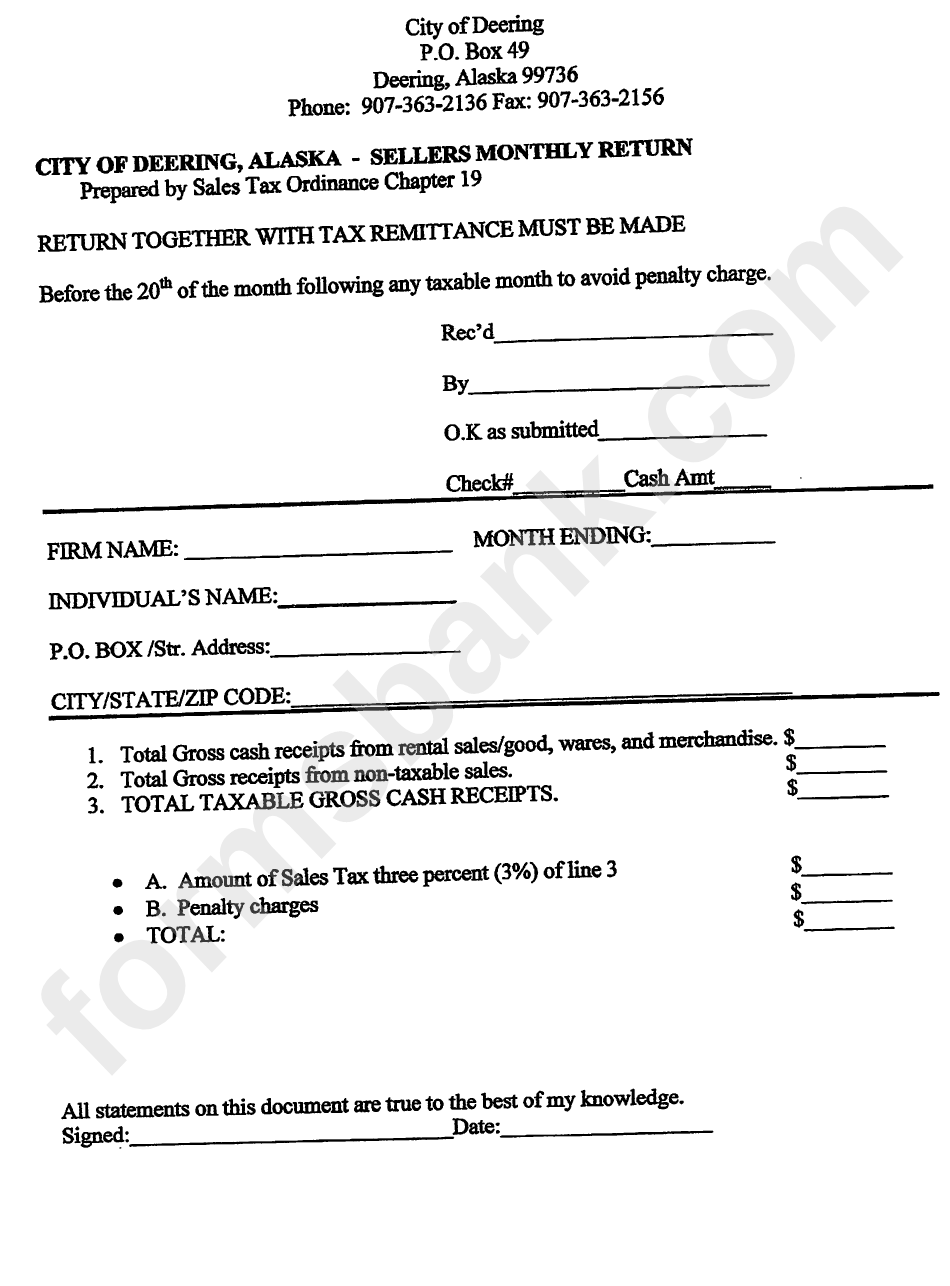 Sellers Monthly Return Form - City Of Deering