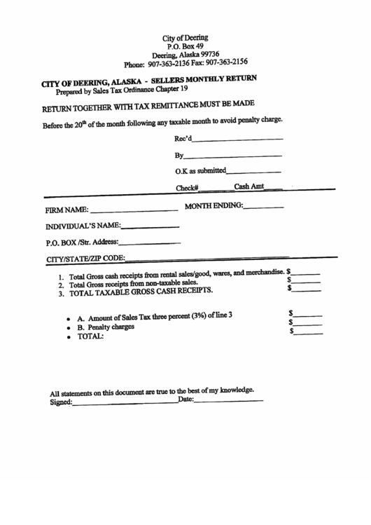 Sellers Monthly Return Form - City Of Deering Printable pdf