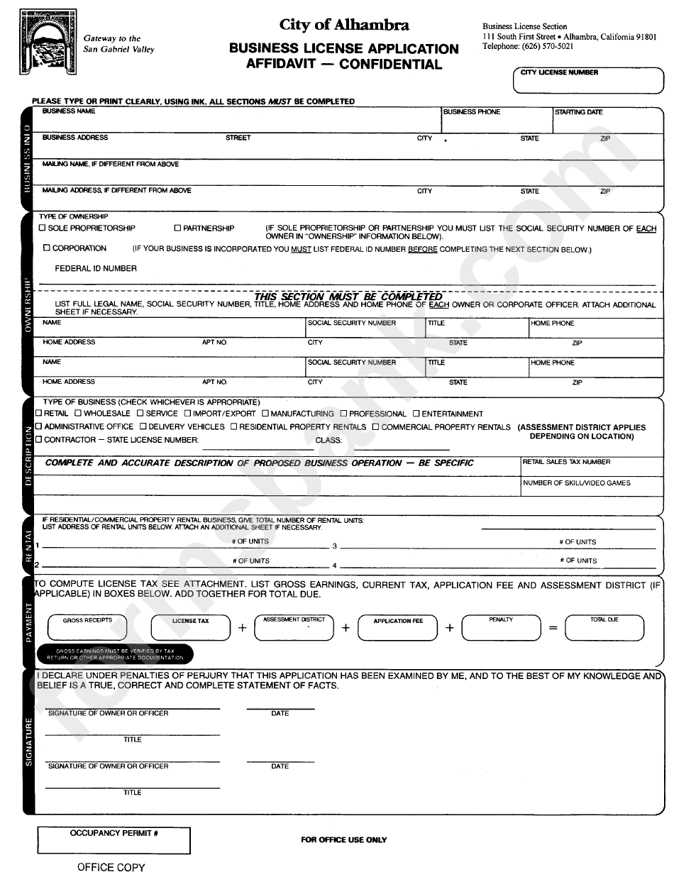 Business License Application Affidavit Form - City Of Alhambra, California