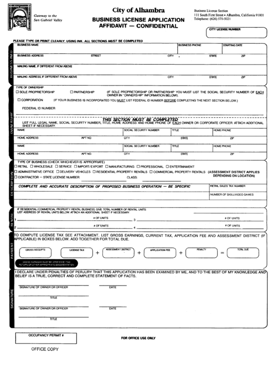 Business License Application Affidavit Form - City Of Alhambra, California Printable pdf