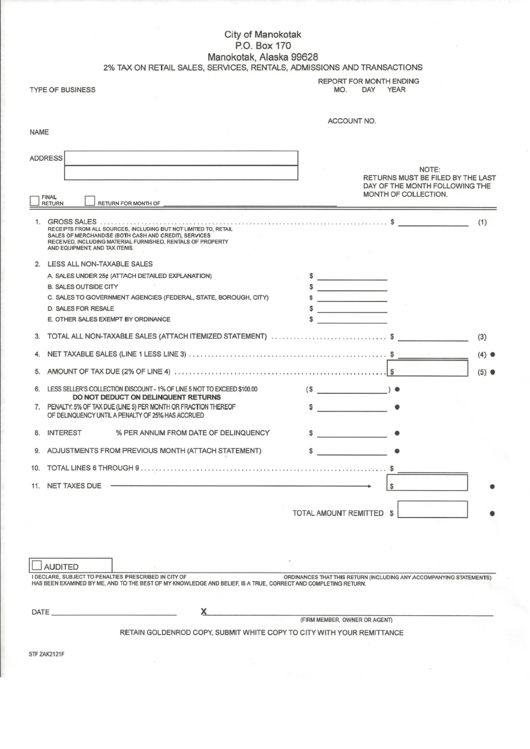 2% Tax On Retail Sales, Services, Rentals, Admissions And Transactions Form - City Of Manokotak Printable pdf