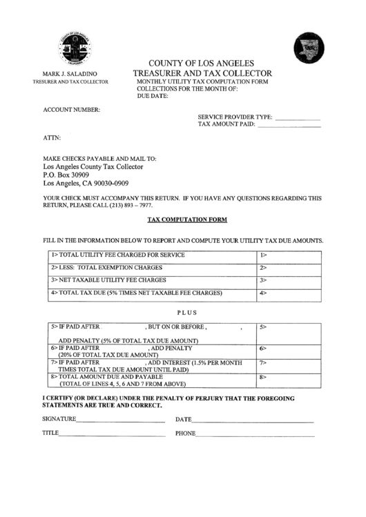 Monthly Utility Tax Computation Form - Los Angeles, California Printable pdf