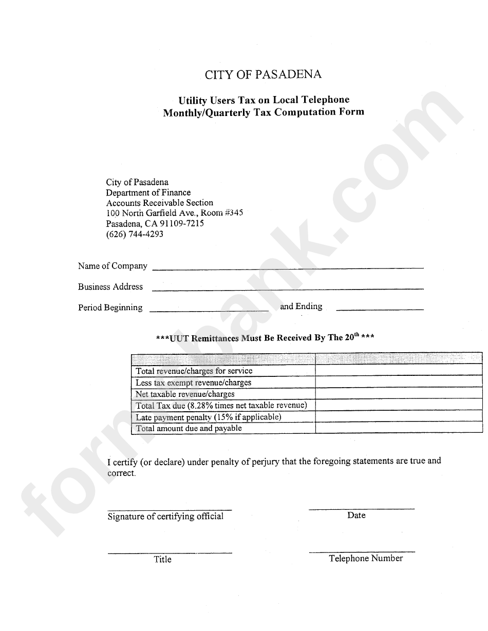 Monthly/quarterly Tax Computation Form - City Of Pasadena, California