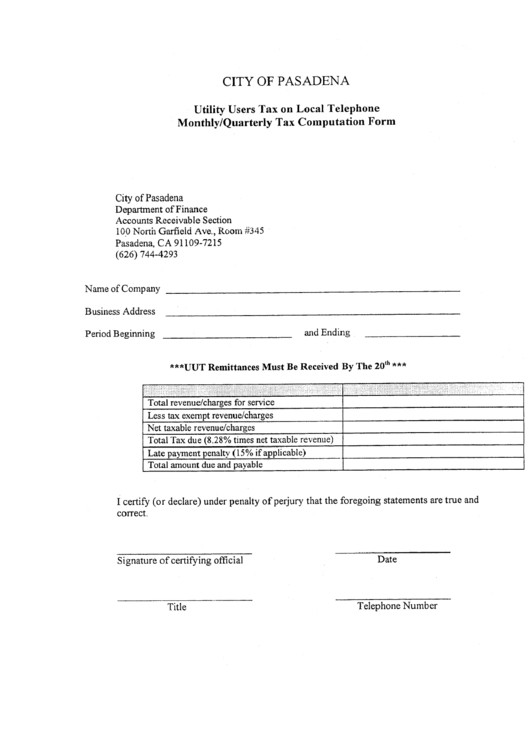 Monthly/quarterly Tax Computation Form - City Of Pasadena, California Printable pdf