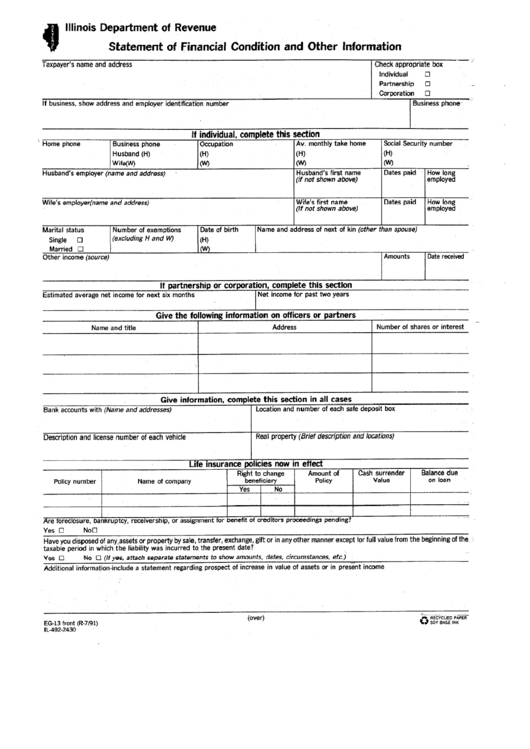 Form Eg-13 - Statement Of Financial Condition And Other Information Printable pdf
