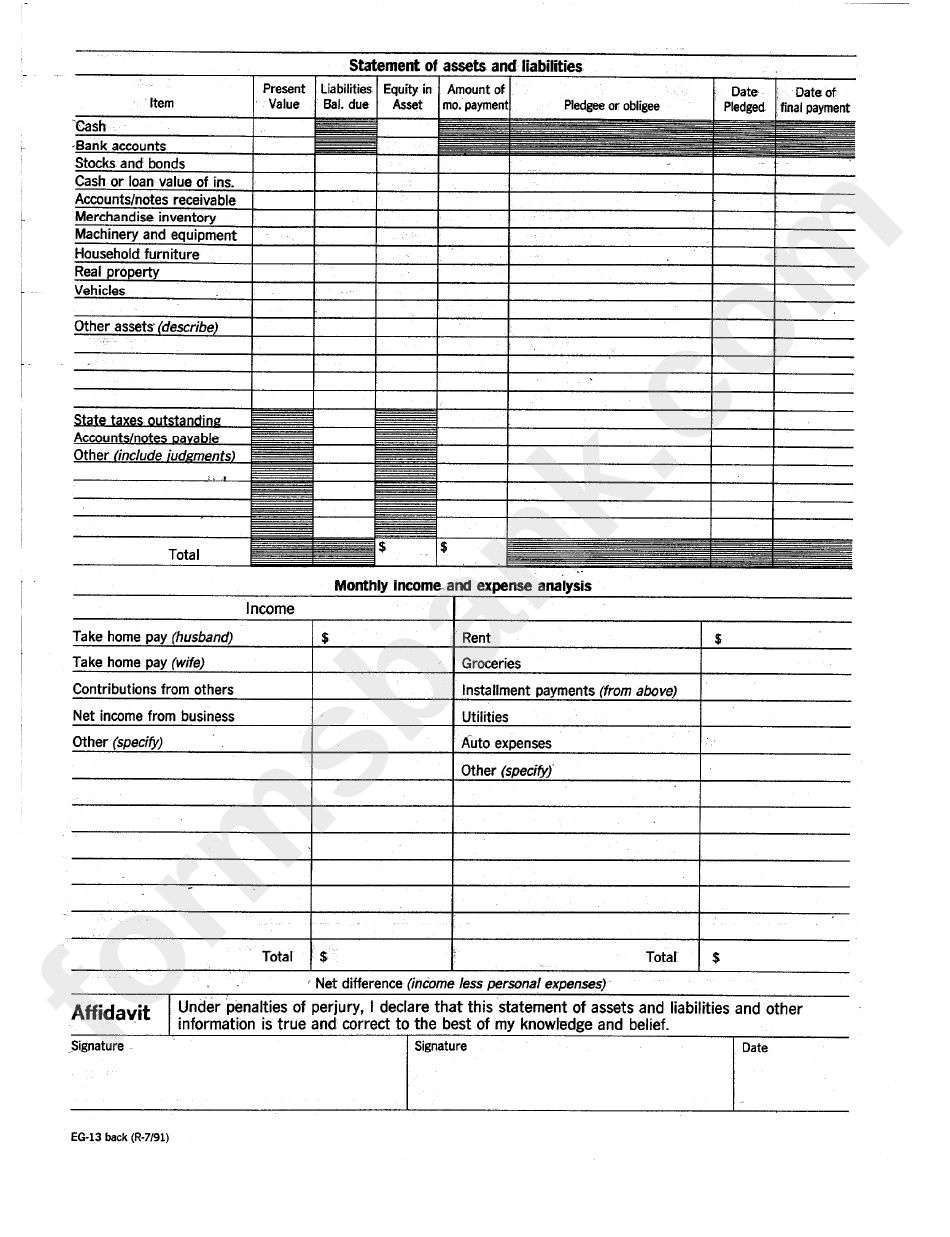 Form Eg-13 - Statement Of Financial Condition And Other Information