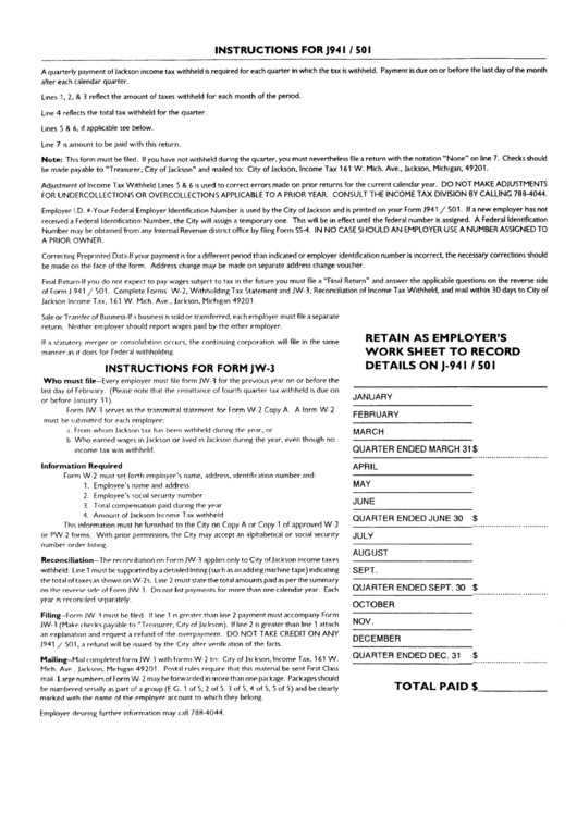 Instructions For Form J941/501 - City Of Jackson Printable pdf