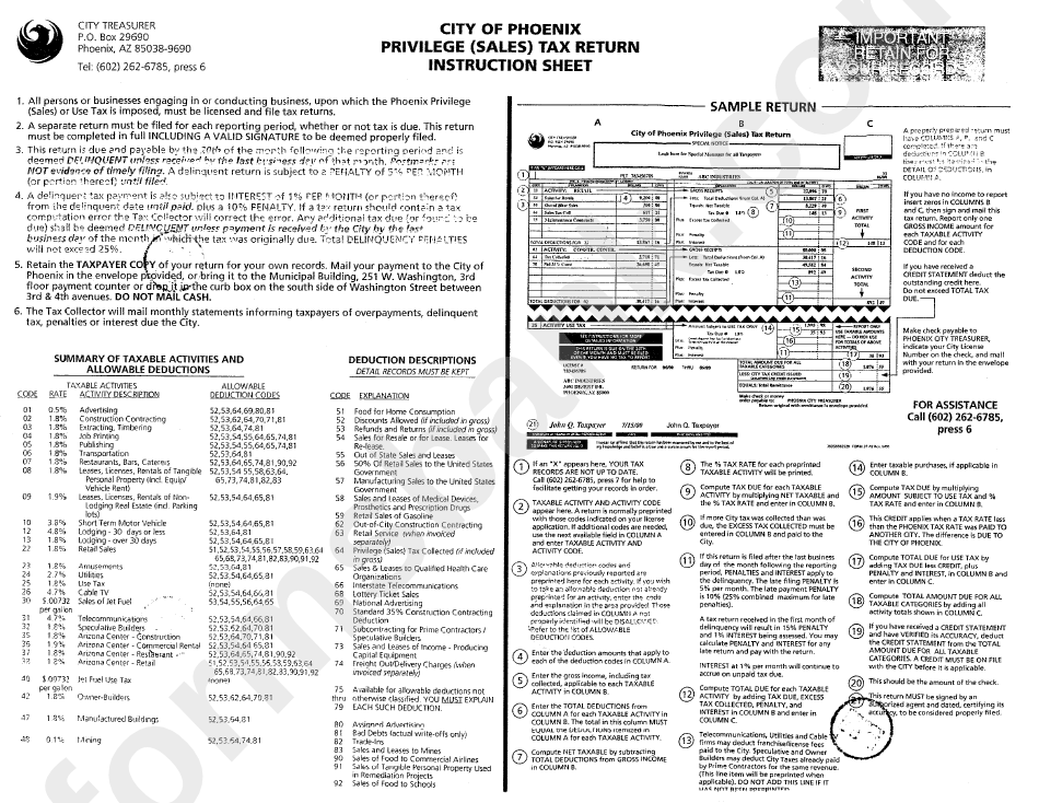 Privilege (Sales) Tax Return - Instruction Sheet - City Of Phoenix