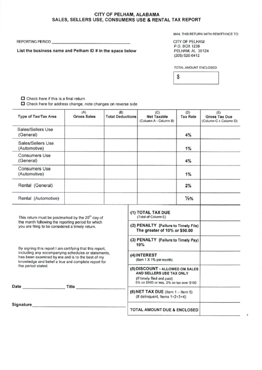 Sales, Sellers Use, Consumers Use & Rental Tax Report Form - City Of Pelham