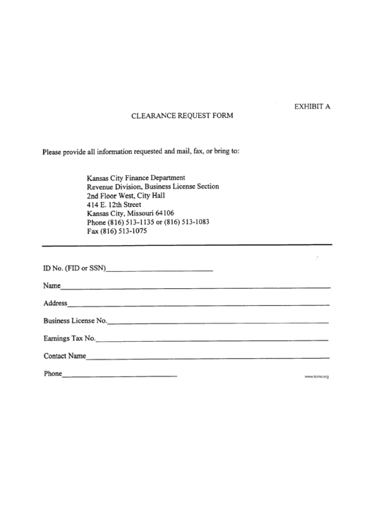 Clearance Request Form - Kansas City Finance Department Printable pdf