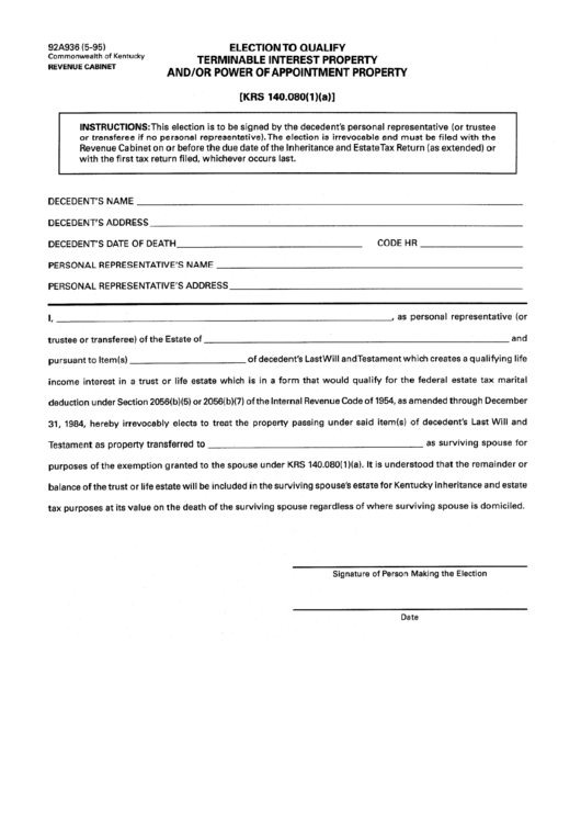 Form 92a936 - Election To Qualify Terminable Interest Property And / Or Power Of Appointment Property Printable pdf