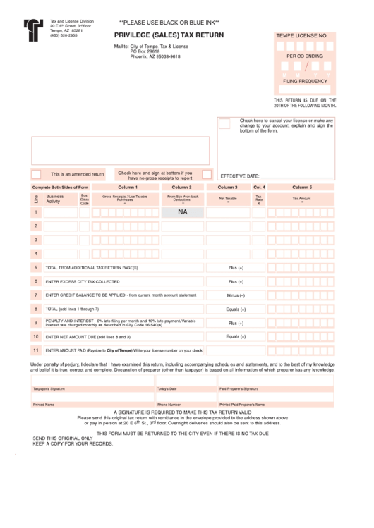 Privilege (Sales) Tax Return Form - City Of Tempe Printable pdf