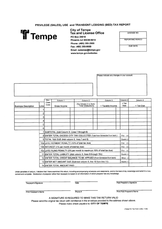 Privilege (Sales), Use And Transient Lodging (Bed) Tax Report Form - City Of Tempe Printable pdf