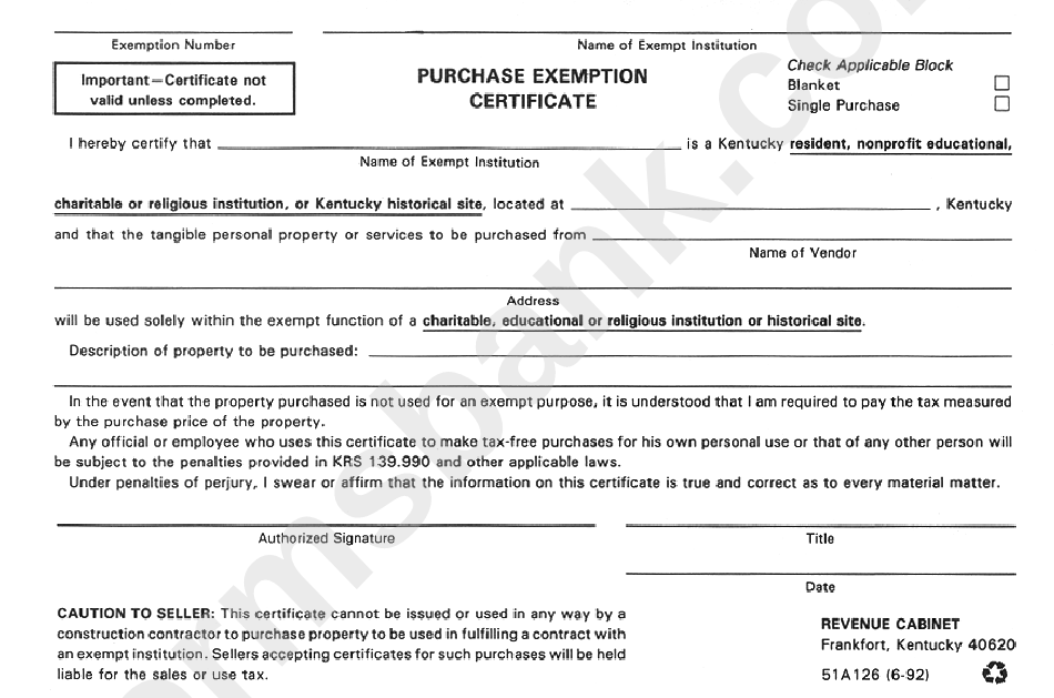 Form 51a126 Purchase Exemption Certificate printable pdf download