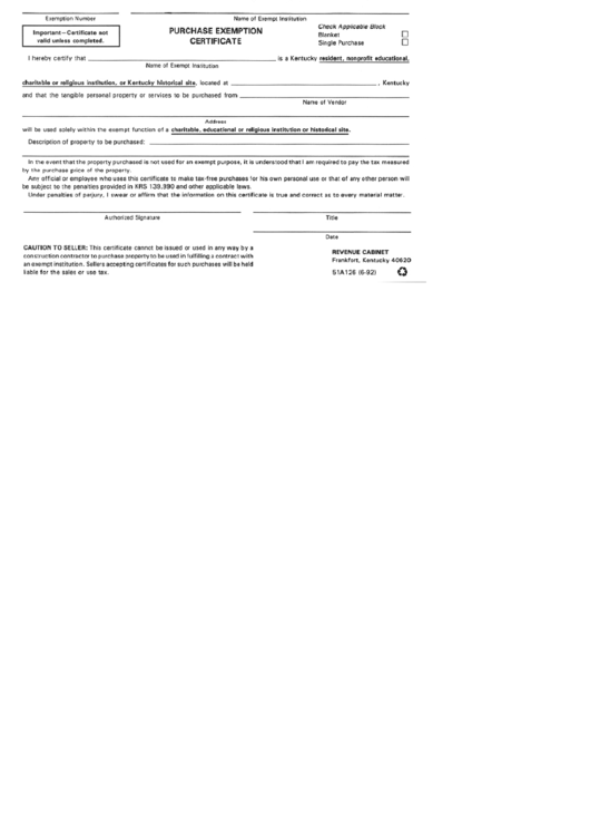 Form 51a126 - Purchase Exemption Certificate Printable pdf