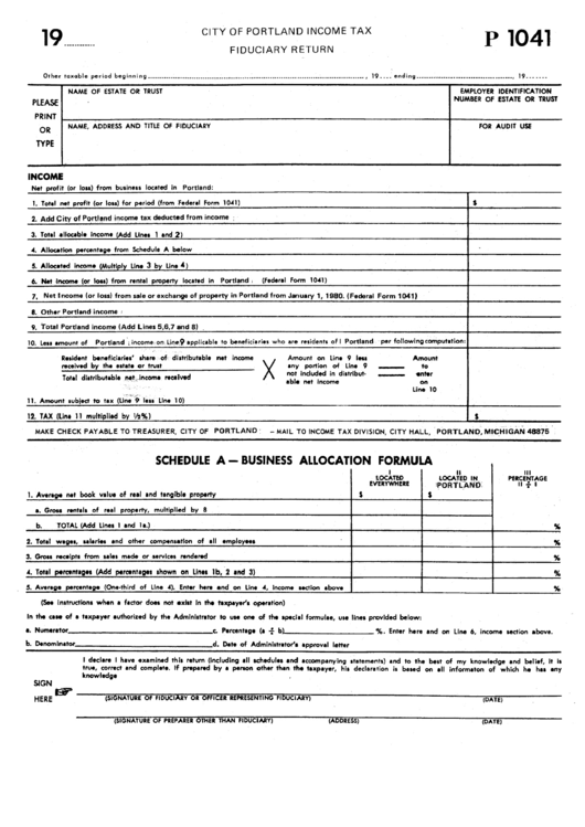 Form P 1041 - Income Tax Fiduciary Return - City Of Portland Printable pdf