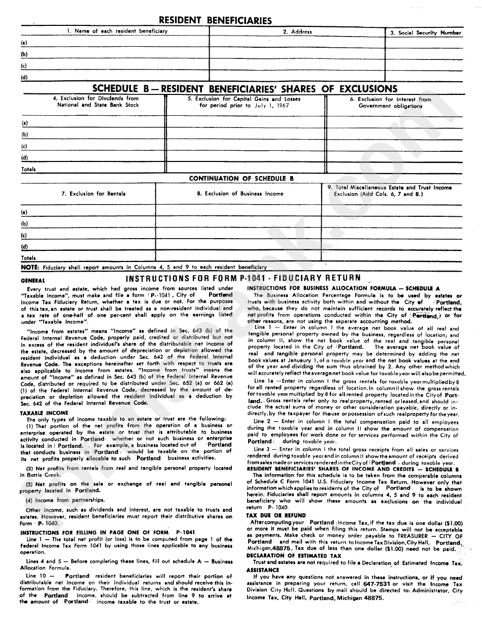 Form P 1041 - Income Tax Fiduciary Return - City Of Portland