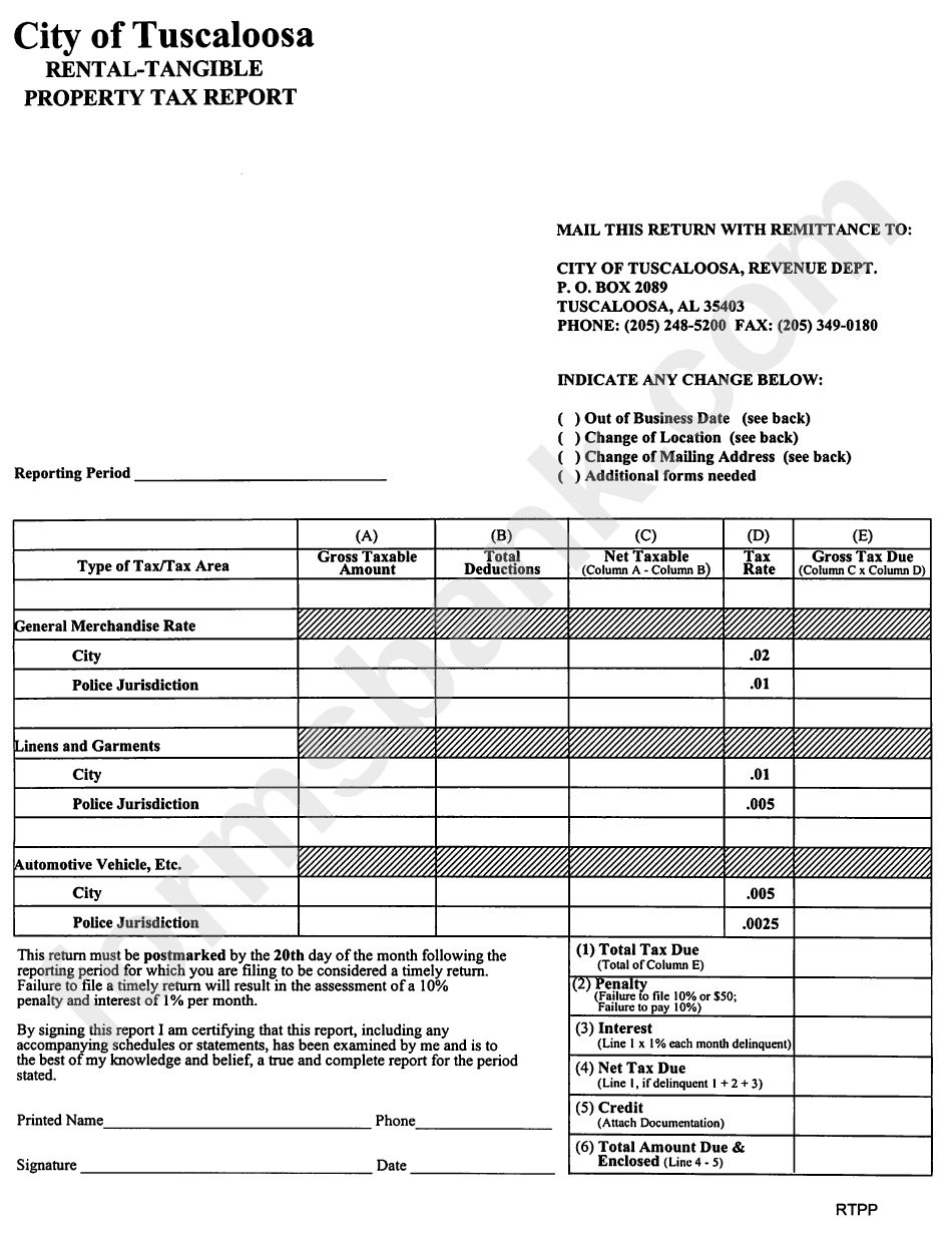 Fillable RentalTangible Property Tax Report Form City Of Tuscaloosa