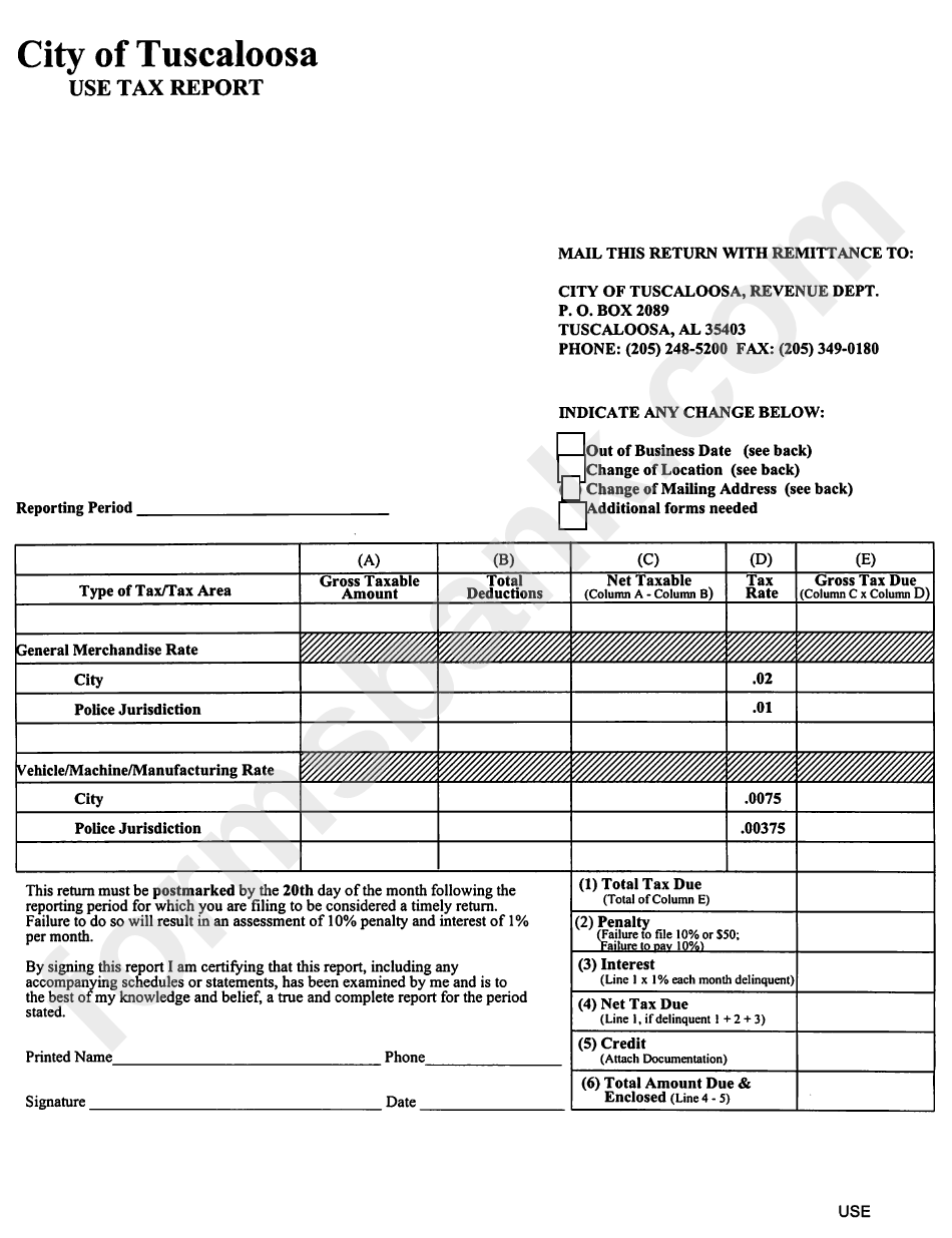 Use Tax Report Form - City Of Tuscaloosa