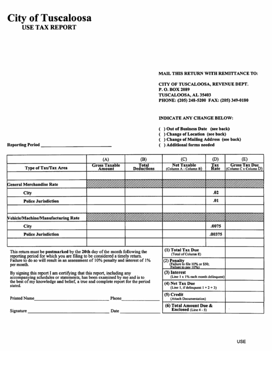 Fillable Use Tax Report Form - City Of Tuscaloosa Printable pdf