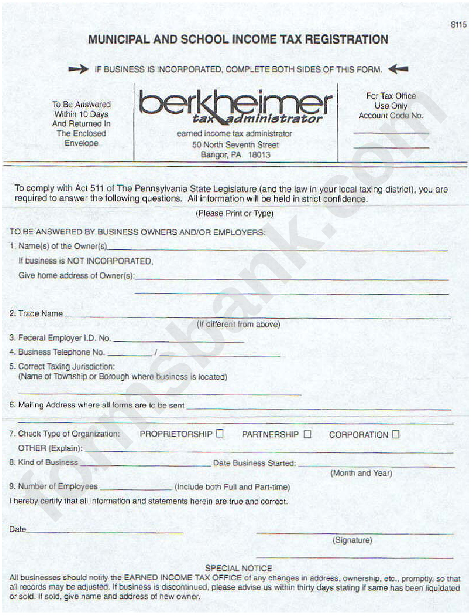Municipal And School Income Tax Registration Form