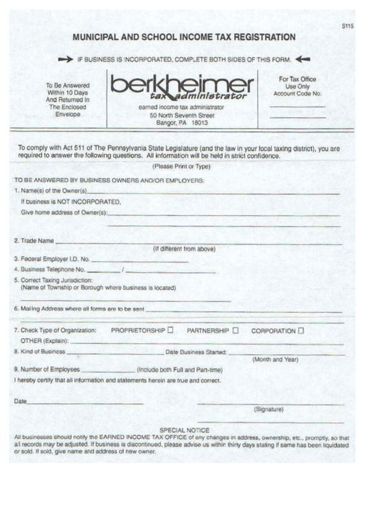 Municipal And School Income Tax Registration Form Printable pdf