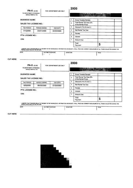 Form Pa-5 - Vehicle Rental Tax Returns - 2000 Printable pdf