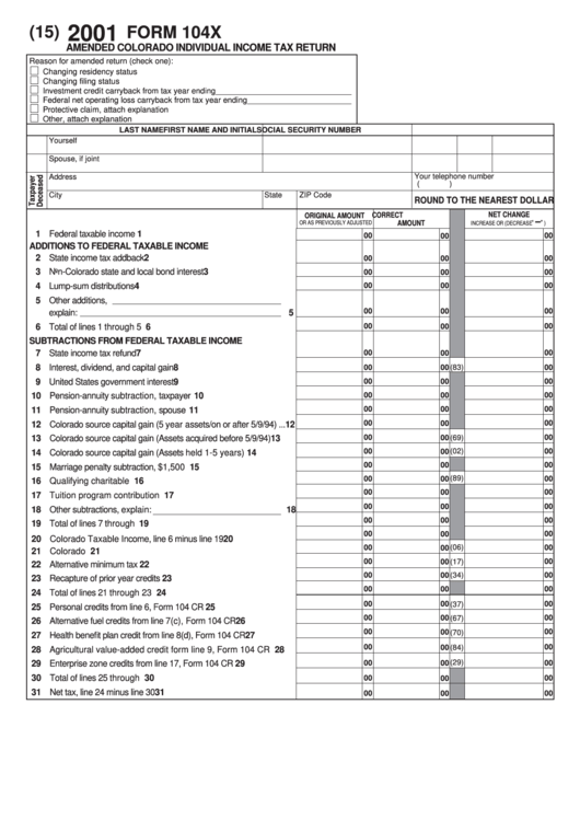 Form 104x Amended Colorado Individual Tax Return 2001